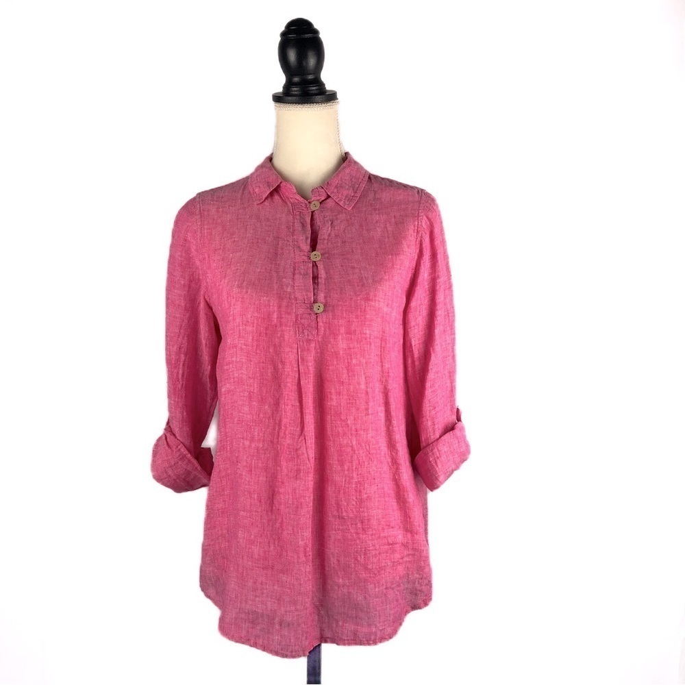SIGRID OLSEN (S) 100% Linen Pink Hi-Lo Hem Blouse